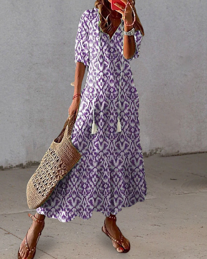 Andrea - Vestito Stampato Vintage Boho con Scollatura a V