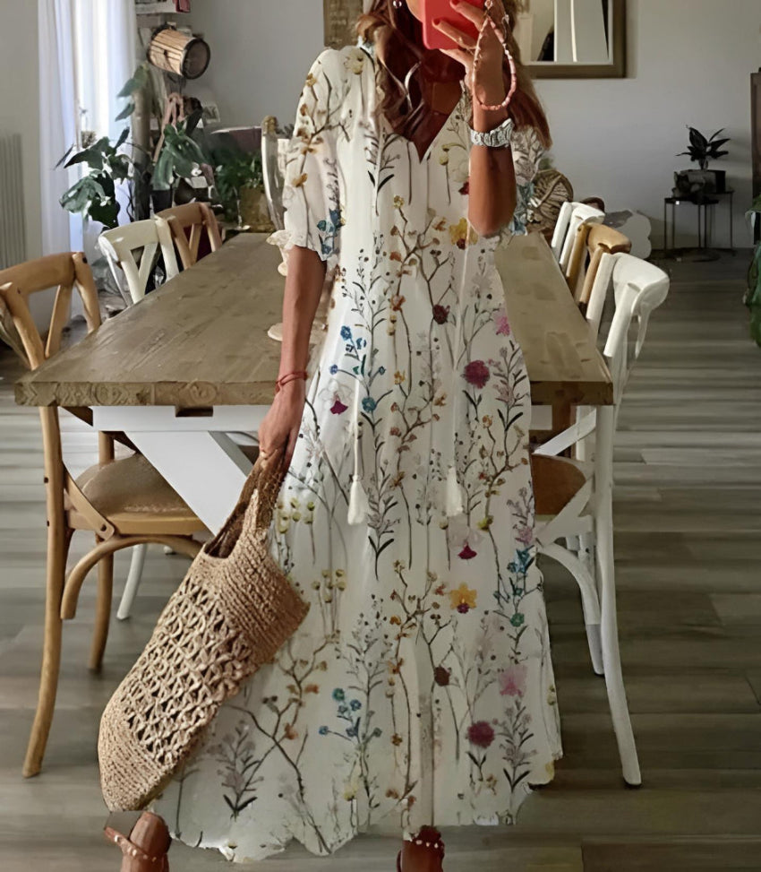 Andrea - Vestito Stampato Vintage Boho con Scollatura a V