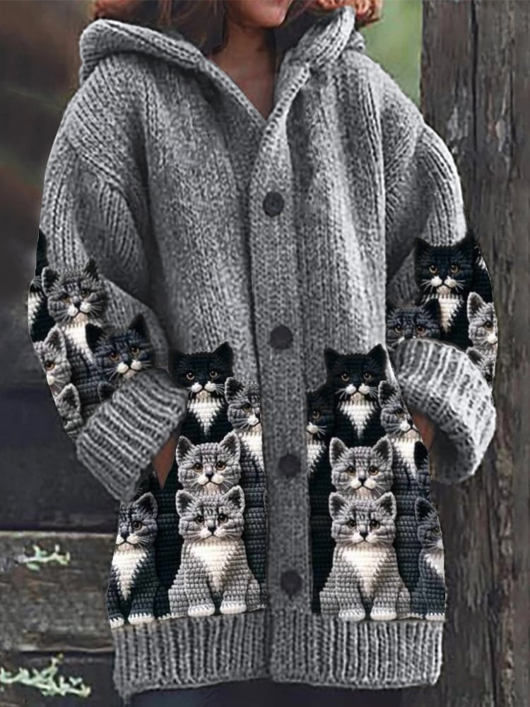 Jasmin - Cardigan in maglia accogliente con motivo di gatto