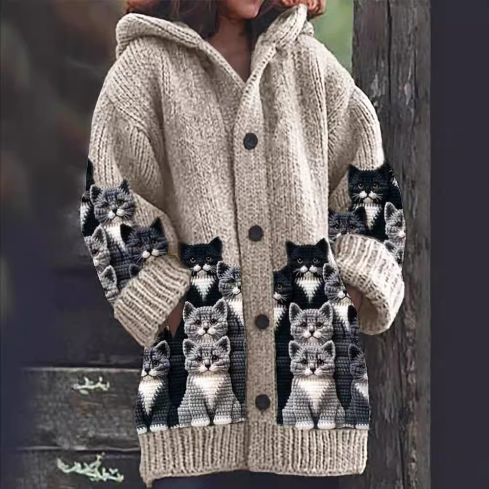 Jasmin - Cardigan in maglia accogliente con motivo di gatti