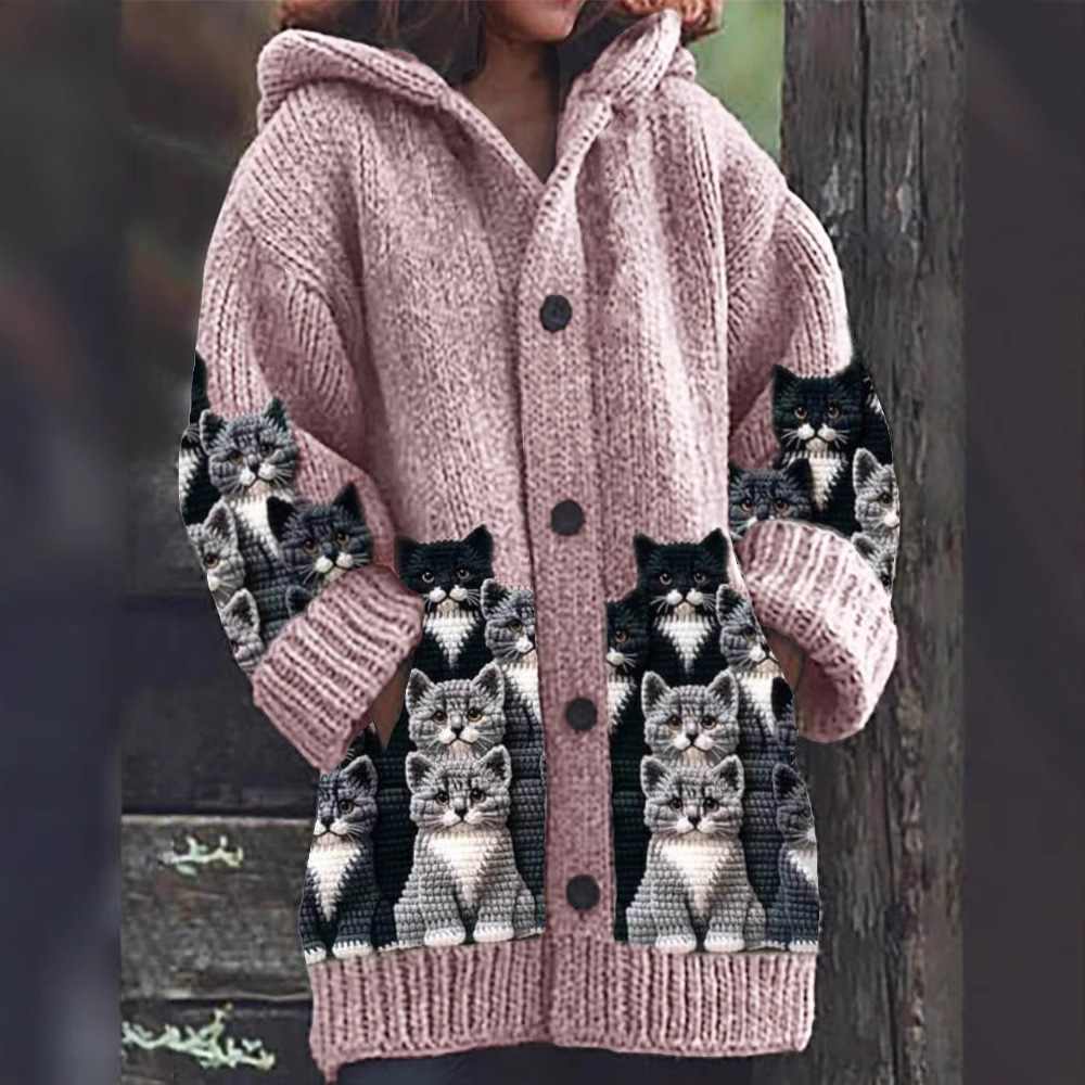 Jasmin - Cardigan in maglia accogliente con motivo di gatto