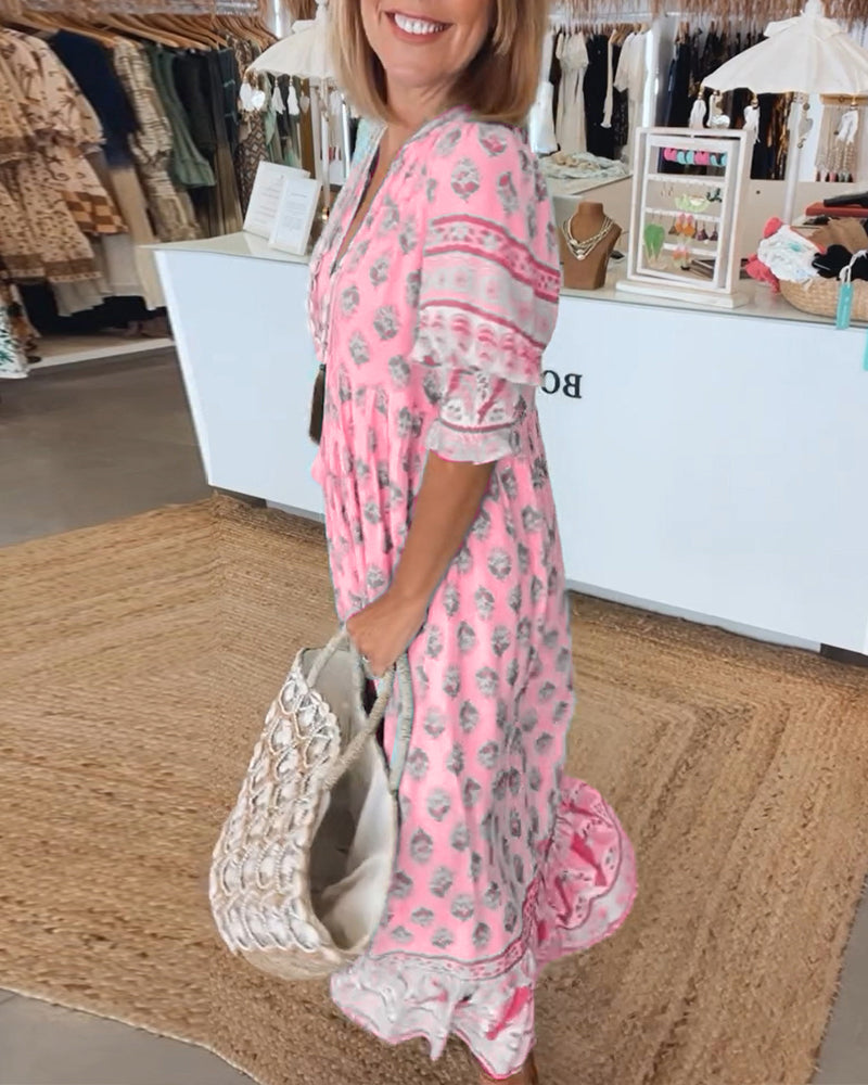 Jasmine - Abito Maxi Boho con Maniche a Lanterna Lunghe e Relax