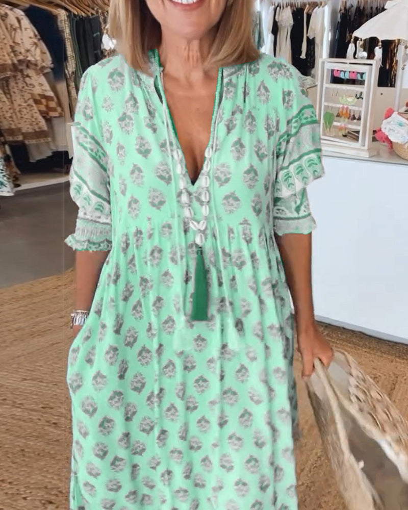 Jasmine - Abito Maxi Boho con Maniche a Lanterna Lunghe e Relax