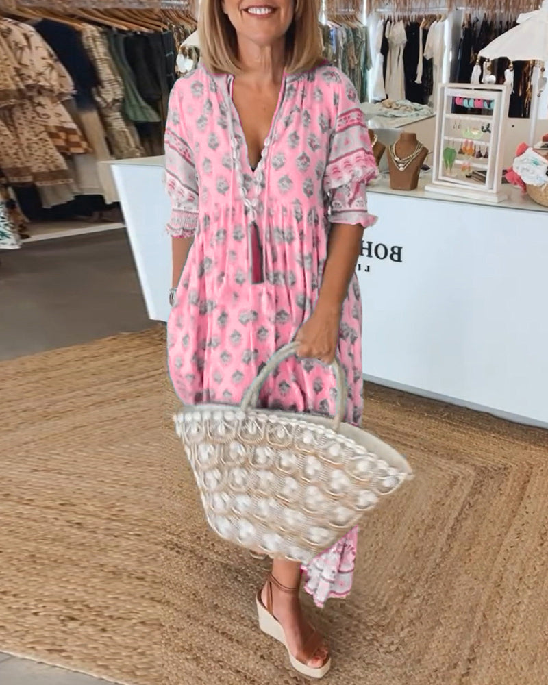 Jasmine - Abito Maxi Boho con Maniche a Lanterna Lunghe e Relax