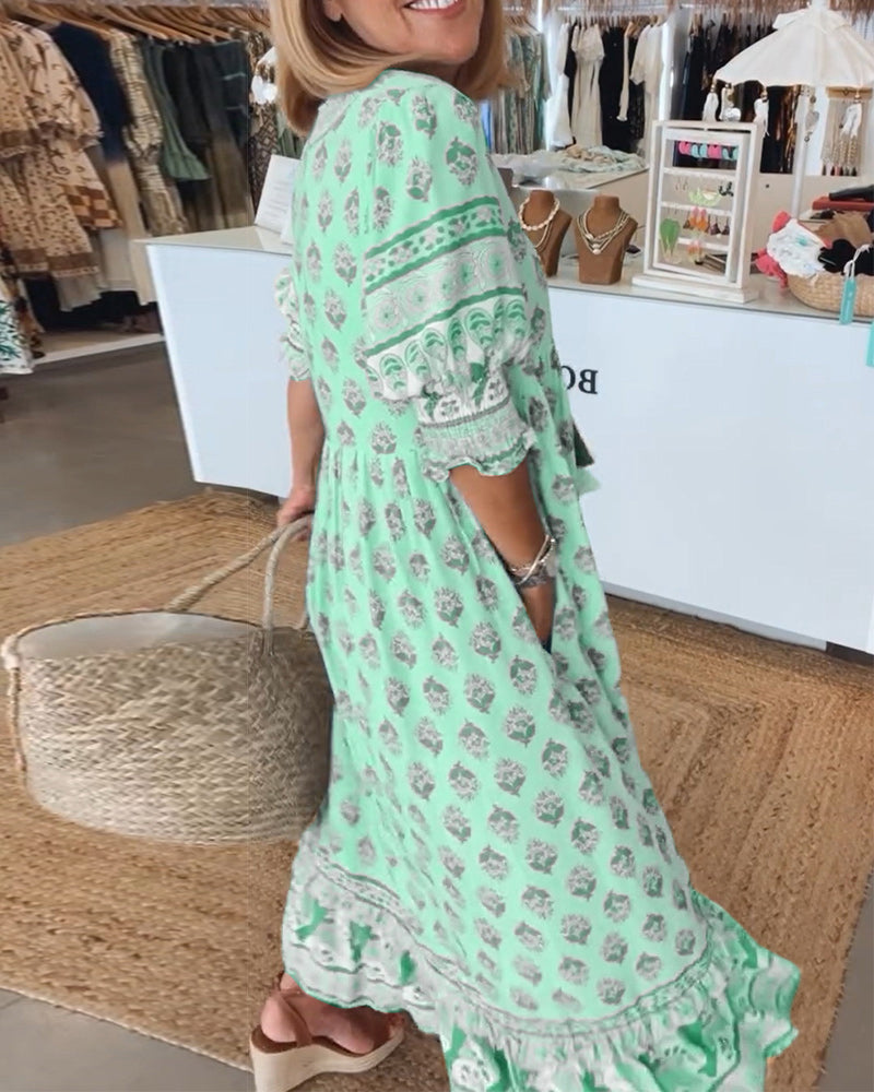 Jasmine - Abito Maxi Boho con Maniche a Lanterna Lunghe e Relax