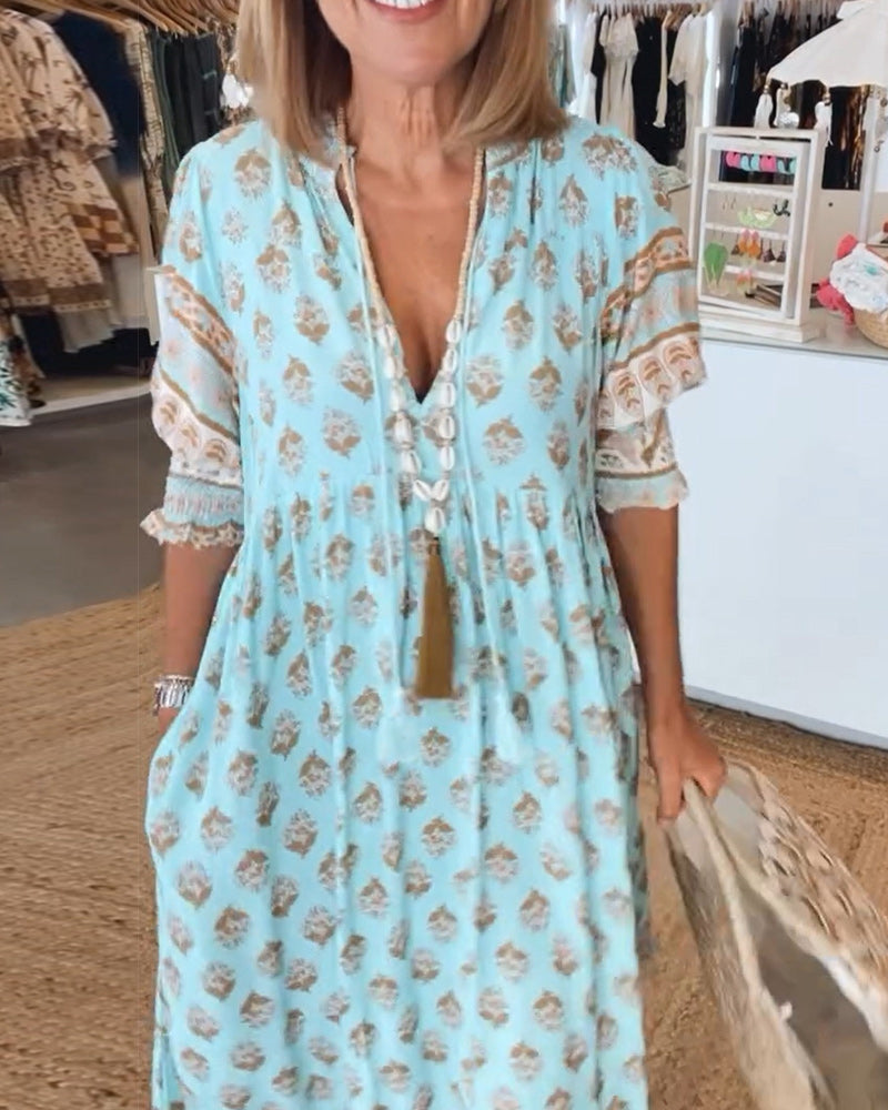 Jasmine - Abito Maxi Boho con Maniche a Lanterna Lunghe e Relax