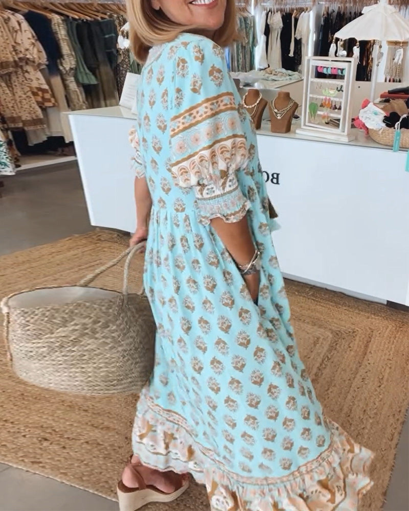 Jasmine - Abito Maxi Boho con Maniche a Lanterna Lunghe e Relax