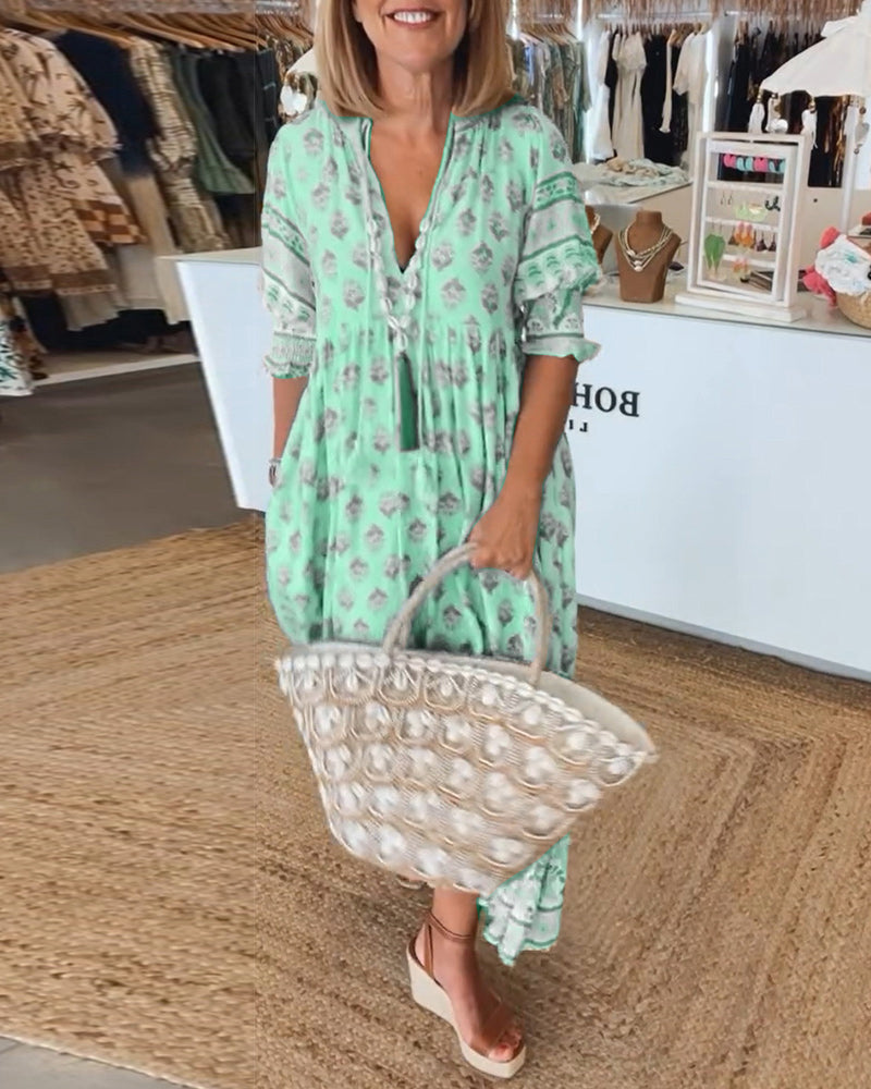Jasmine - Abito Maxi Boho con Maniche a Lanterna Lunghe e Relax