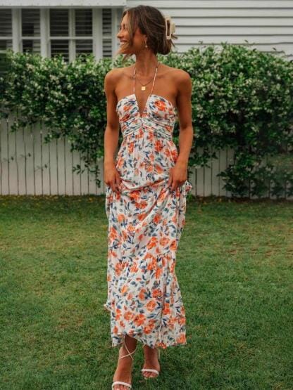 Louise™ | Abito Estivo Lungo con Collo all'Americana e Stampa Floreale