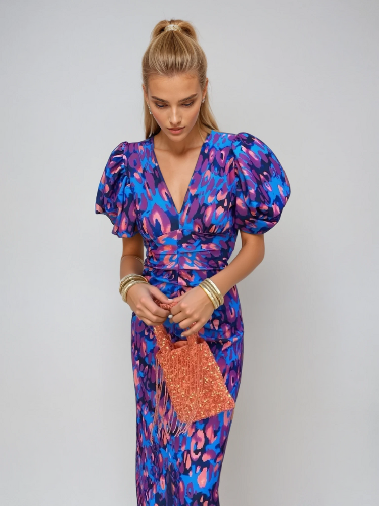 Arielle™ | Abito Midi Colorato con Maniche a Pieghe