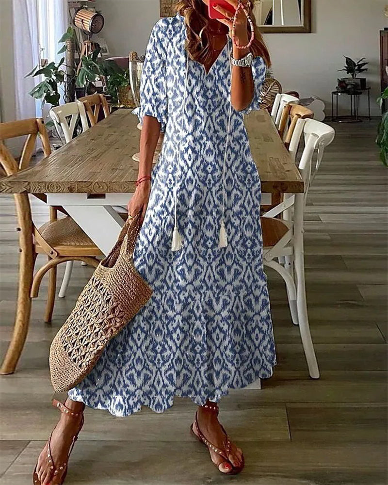 Andrea - Vestito Stampato Vintage Boho con Scollatura a V