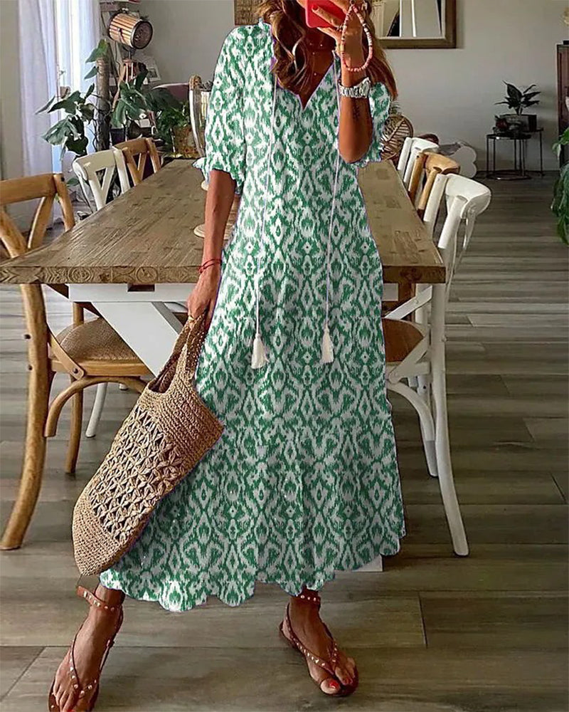 Andrea - Vestito Stampato Vintage Boho con Scollatura a V