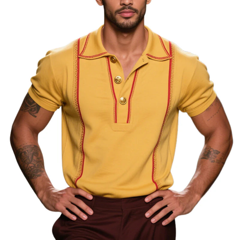 Polo Shirt da Uomo Vintage Casual a Righe Ricamata in Cotone a Maniche Corte