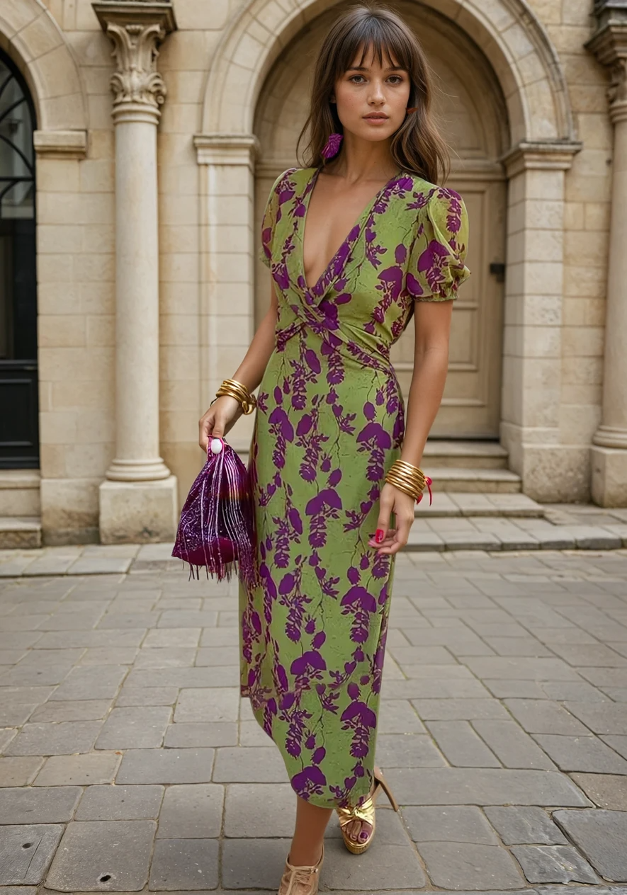 Florencia™ | Abito Midi Incrociato nei Toni del Verde e Viol
