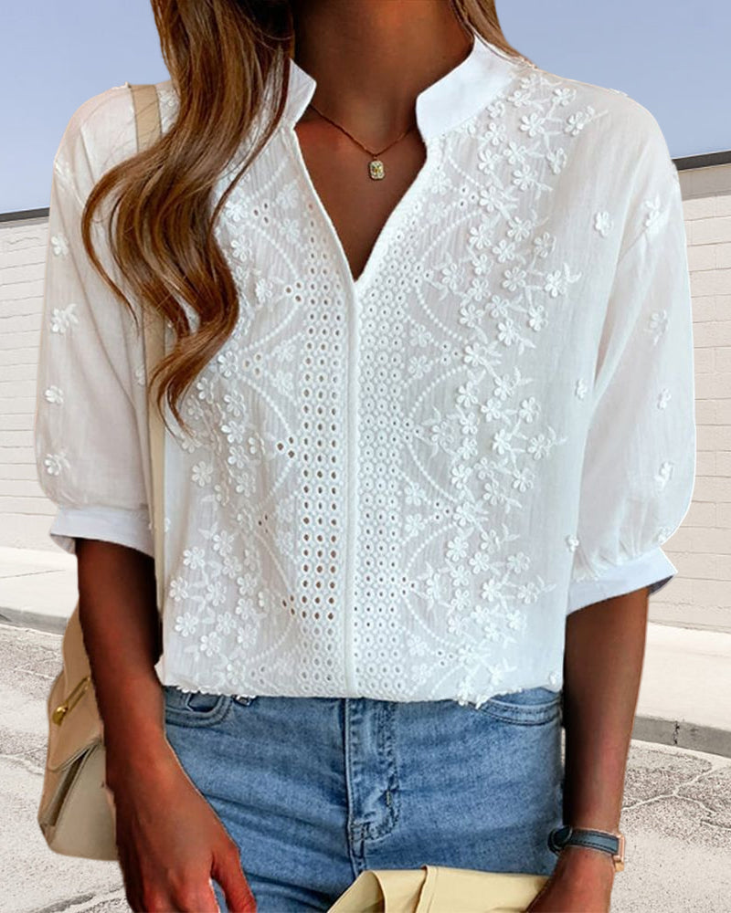 Anna™ | Blusa con Scollo a V, Maniche a Sbuffo e Dettagli in Pizzo