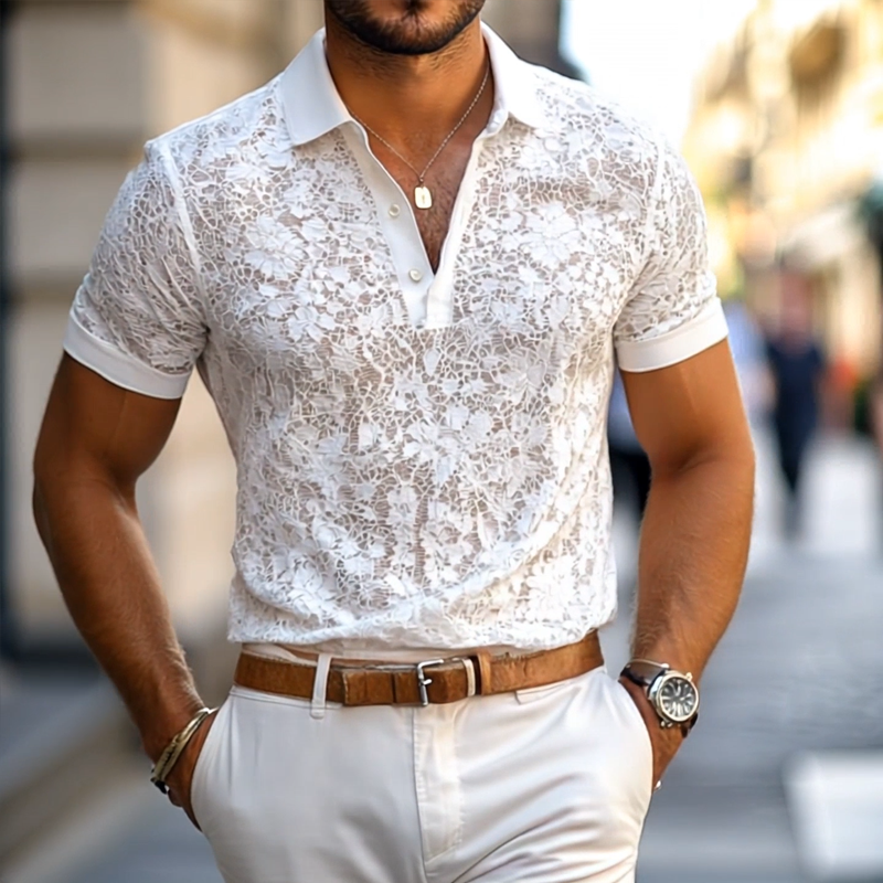Polo Casual Uomo con Colletto in Pizzo e Maniche Corte