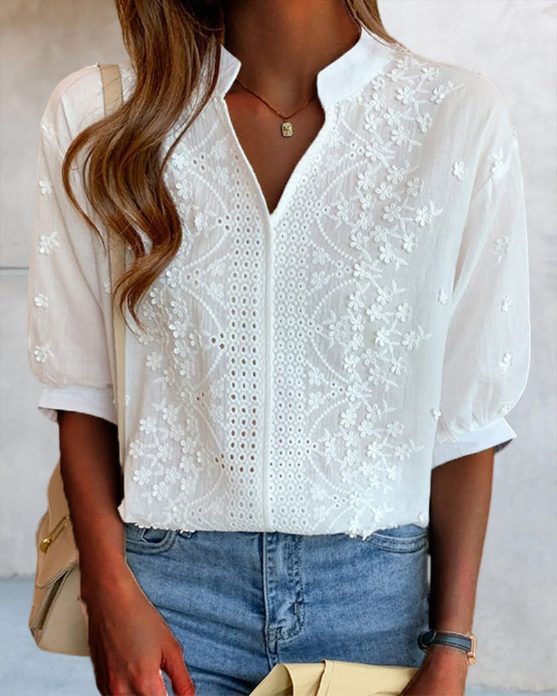 Anna™ | Blusa con Scollo a V, Maniche a Sbuffo e Dettagli in Pizzo