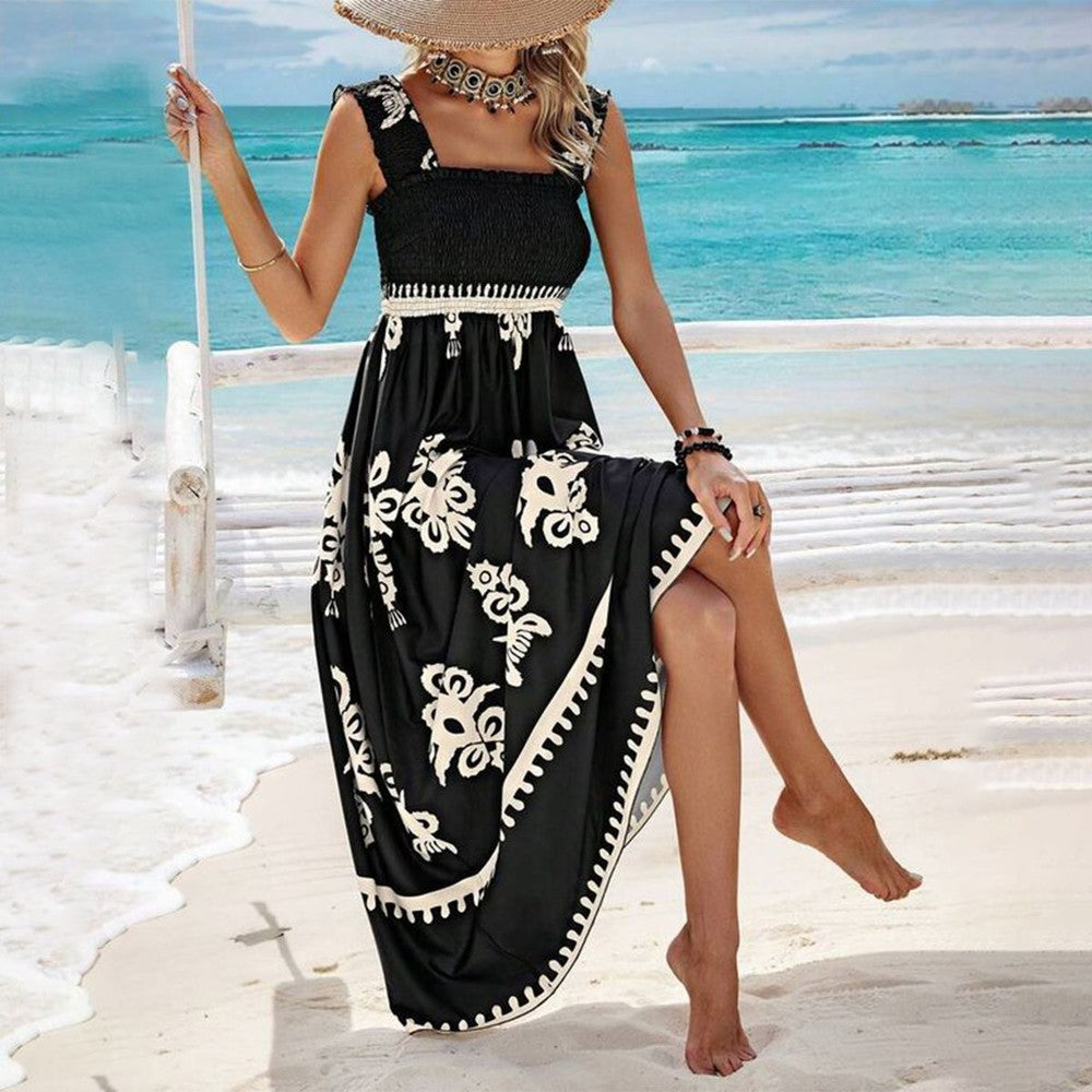 Valentina - Abito da Spiaggia Stampato Senza Maniche con Scollo Quadrato Chic