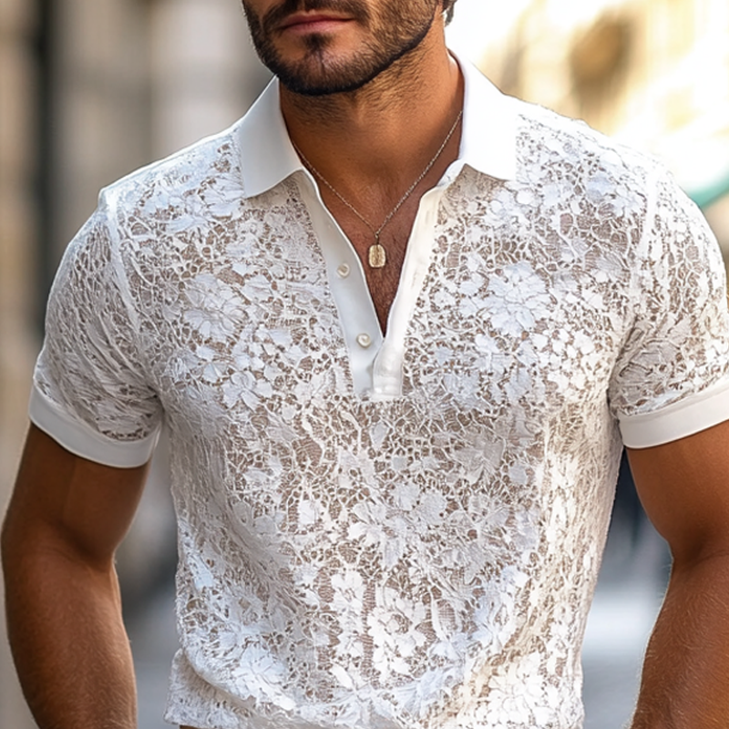 Polo Casual Uomo con Colletto in Pizzo e Maniche Corte