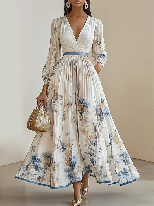 Halston - Elegante Maxi Abito con Maniche a Puff e Scollo a V