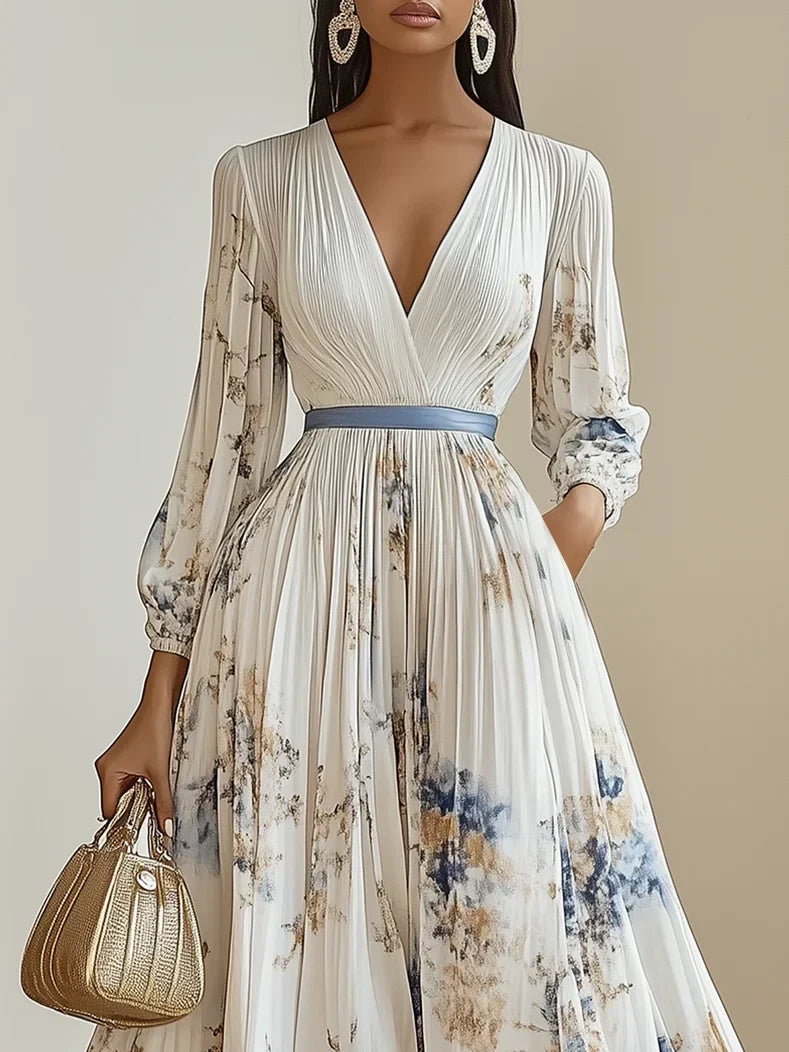 Halston - Elegante Maxi Abito con Maniche a Puff e Scollo a V