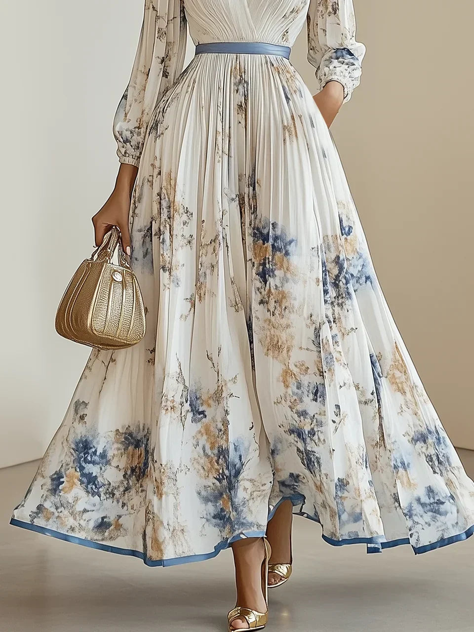 Halston - Elegante Maxi Abito con Maniche a Puff e Scollo a V