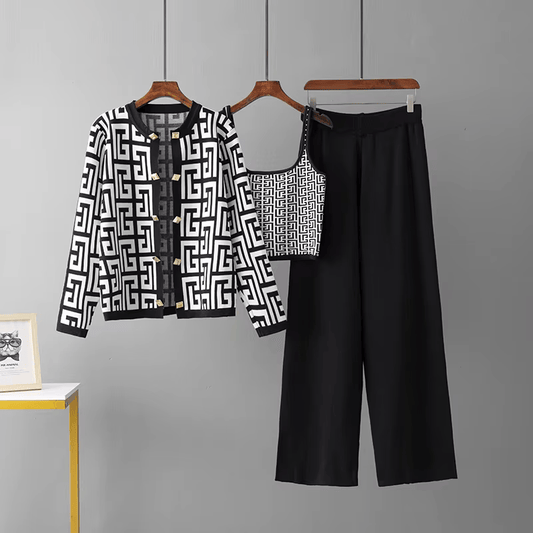 Avery™ - Elegante Completo Retro a Quadri con Collo O in Tre Pezzi
