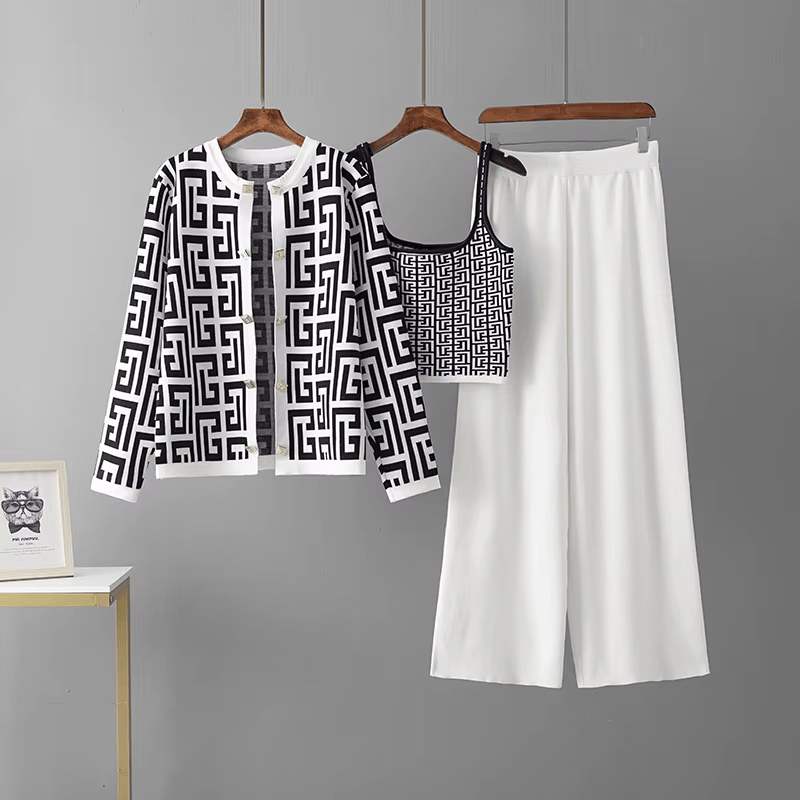 Avery™ - Elegante Completo Retro a Quadri con Collo O in Tre Pezzi