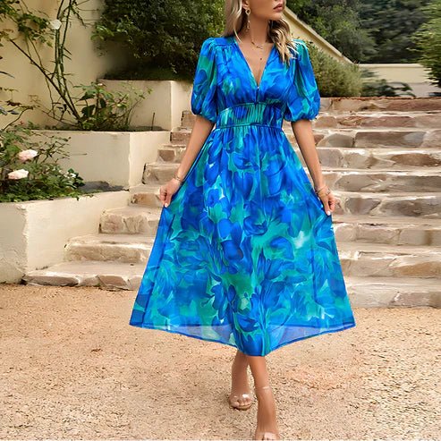 Everly - Abito Midi con Maniche a Lanternino in Stile Vintage