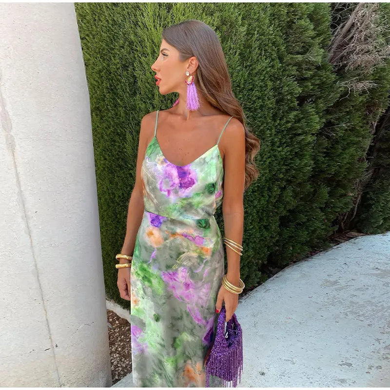 Anisten™ | Elegante Maxi Abito con Stampa Halo-Dye e Scialle Staccabile