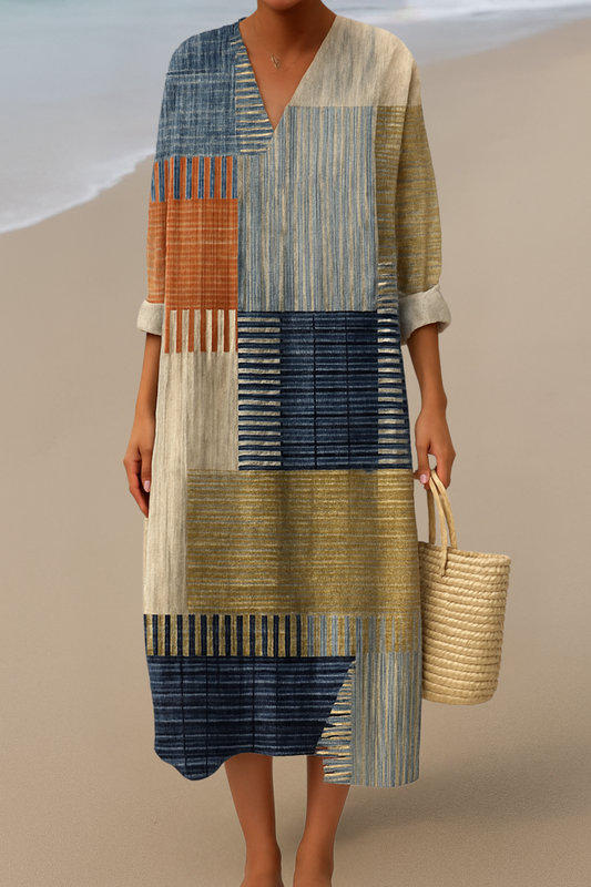 Maxi abito con motivo patchwork – Colori naturali per un look bohemien
