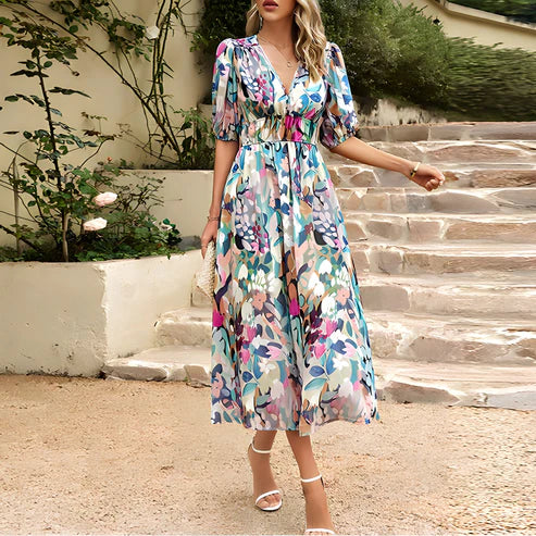 Everly - Abito Midi con Maniche a Lanternino in Stile Vintage