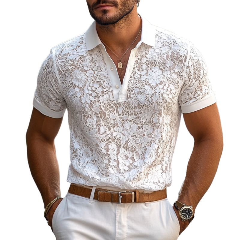 Polo Casual Uomo con Colletto in Pizzo e Maniche Corte