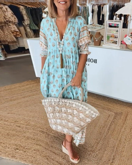 Jasmine - Abito Maxi Boho con Maniche a Lanterna Lunghe e Relax