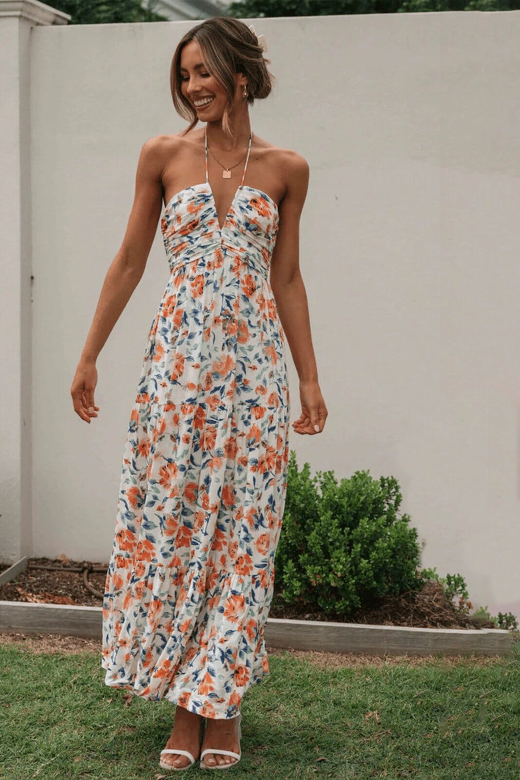 Louise™ | Abito Estivo Lungo con Collo all'Americana e Stampa Floreale